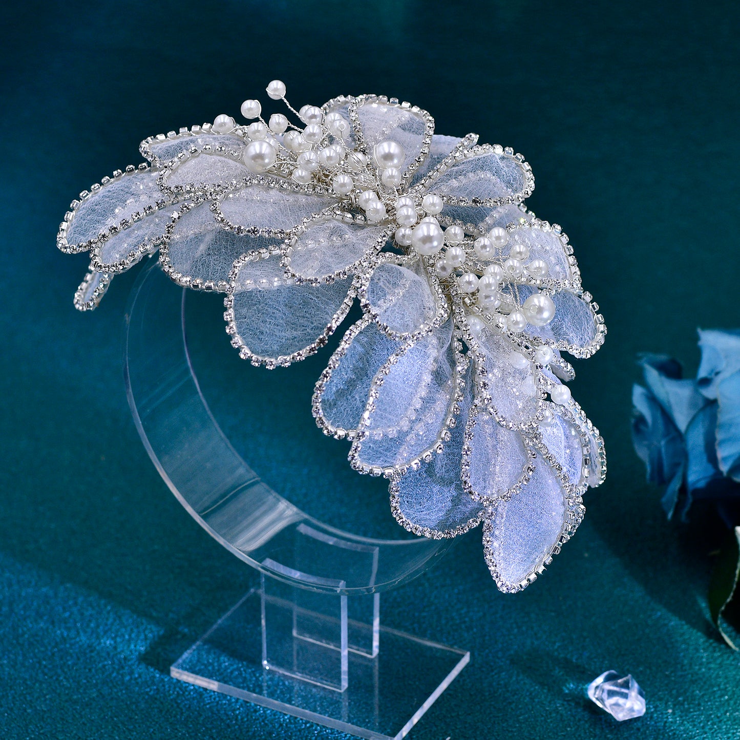 BRIDELLA BHP681 Handmade Mesh Flower Headband Women Silvery Color Pearl Headwear Hair Accessories Rhinestone Wedding Headdress