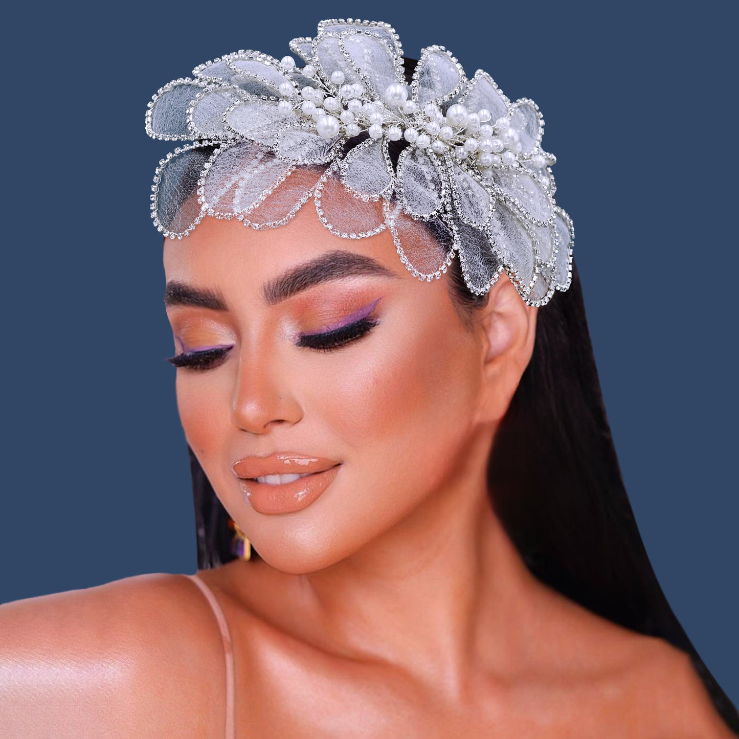 BRIDELLA BHP681 Handmade Mesh Flower Headband Women Silvery Color Pearl Headwear Hair Accessories Rhinestone Wedding Headdress