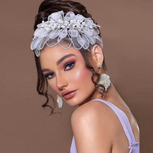 BRIDELLA BHP681 Handmade Mesh Flower Headband Women Silvery Color Pearl Headwear Hair Accessories Rhinestone Wedding Headdress