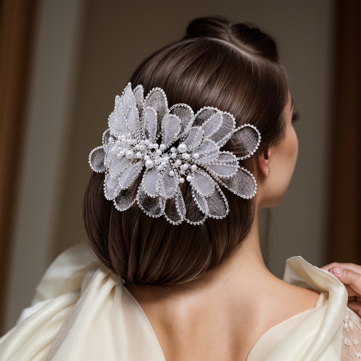 BRIDELLA BHP681 Handmade Mesh Flower Headband Women Silvery Color Pearl Headwear Hair Accessories Rhinestone Wedding Headdress