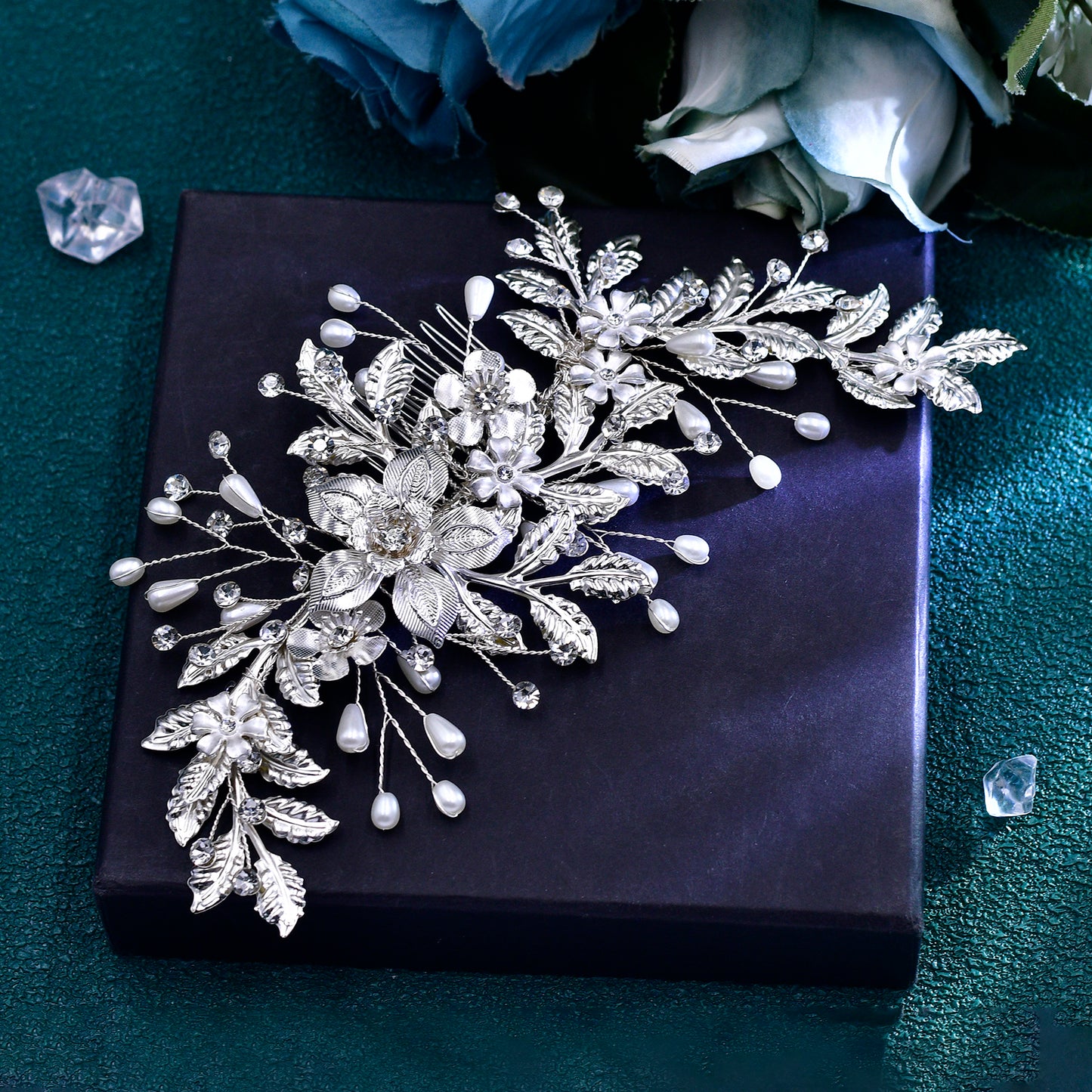 BRIDELLA BHP683 Bride Alloy Flower Wedding Hair Piece Women Elegant Girl Wedding Hair Accessories Silver Color Alloy Leaf Headband