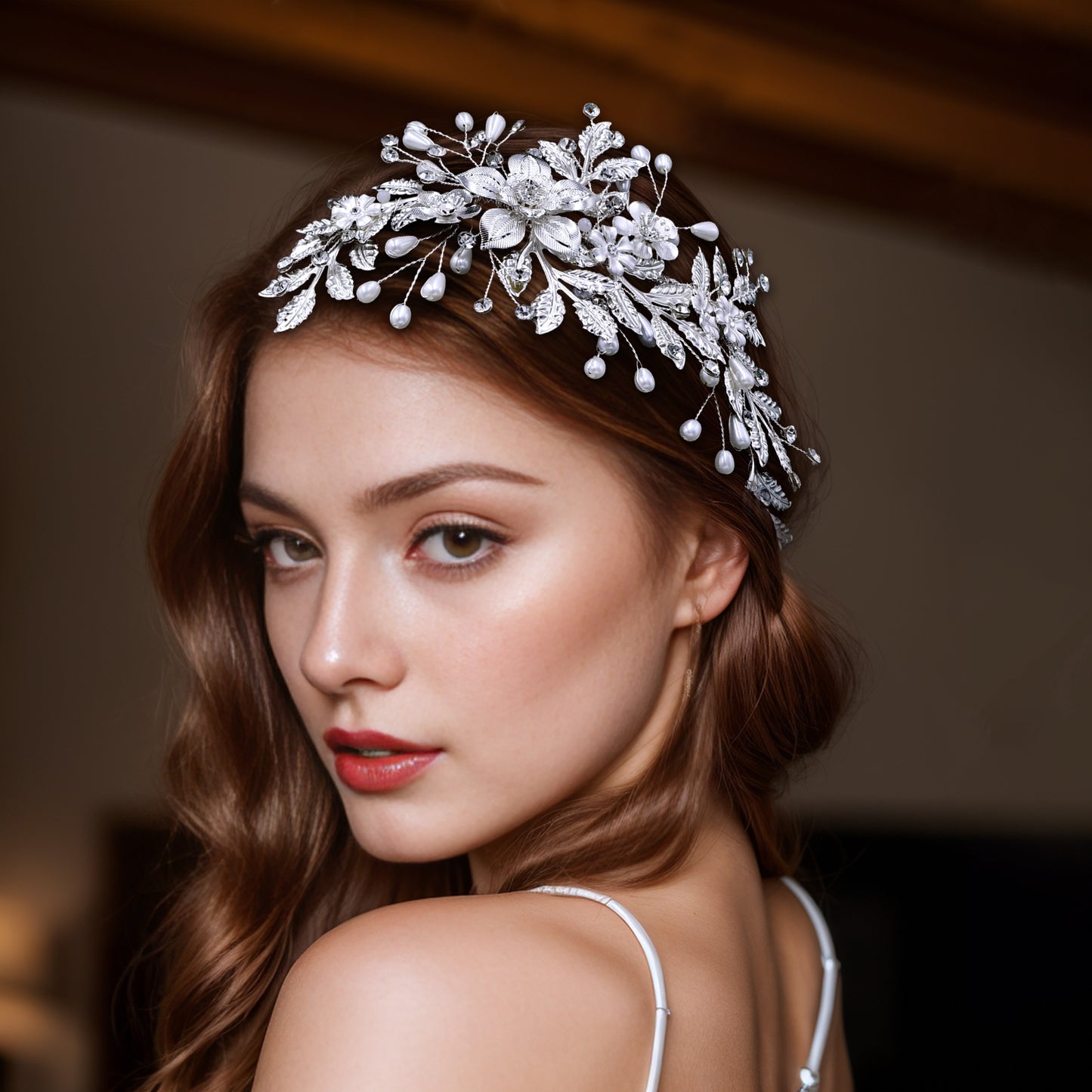 BRIDELLA BHP683 Bride Alloy Flower Wedding Hair Piece Women Elegant Girl Wedding Hair Accessories Silver Color Alloy Leaf Headband
