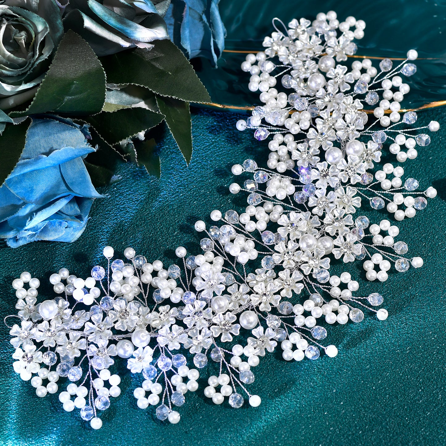 BRIDELLA BHP839 Handmade Pearl Flower Headband Bride Crystal Headpieces Wedding Hair Accessories Bridesmaid Head Jewelry Tiara
