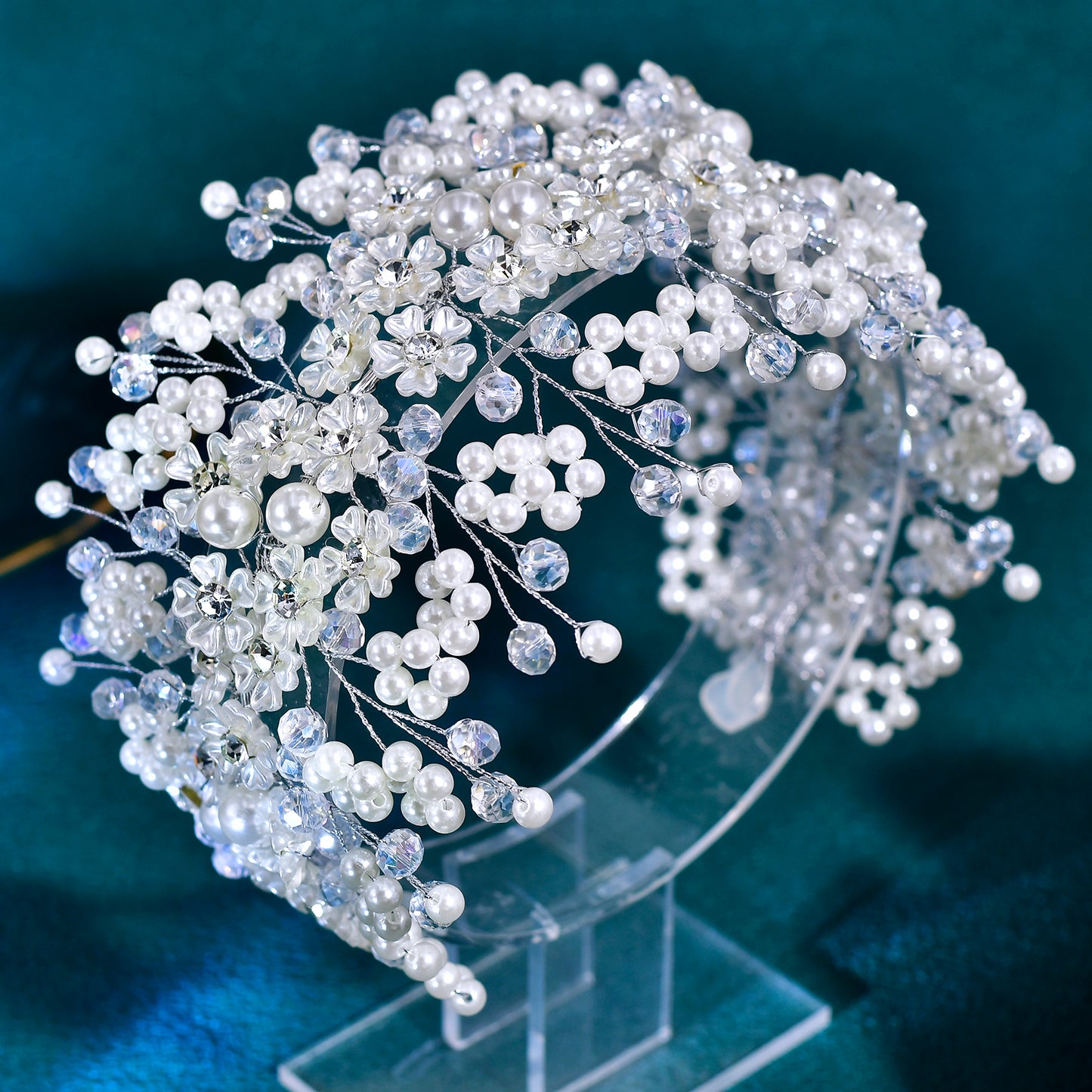 BRIDELLA BHP839 Handmade Pearl Flower Headband Bride Crystal Headpieces Wedding Hair Accessories Bridesmaid Head Jewelry Tiara