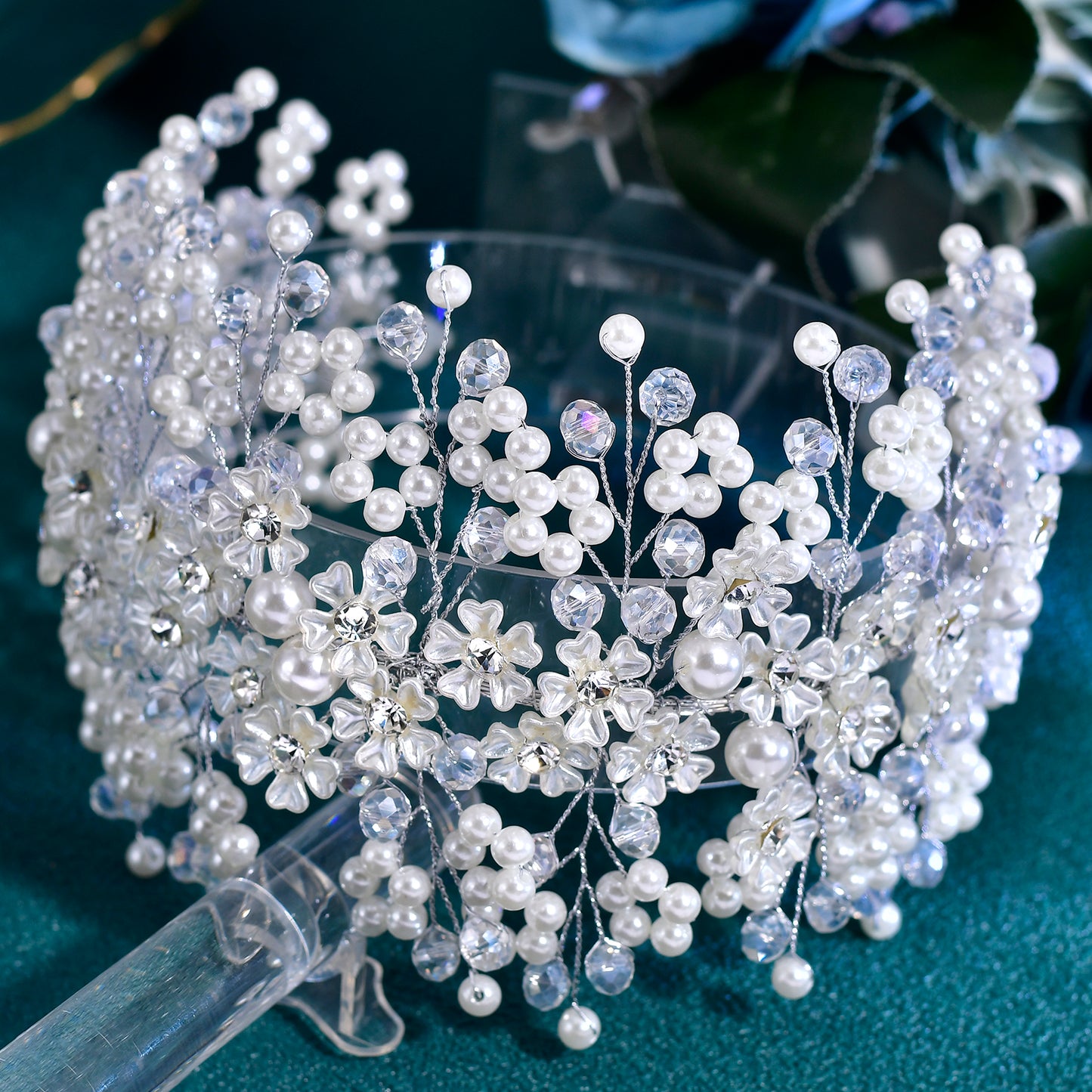BRIDELLA BHP839 Handmade Pearl Flower Headband Bride Crystal Headpieces Wedding Hair Accessories Bridesmaid Head Jewelry Tiara