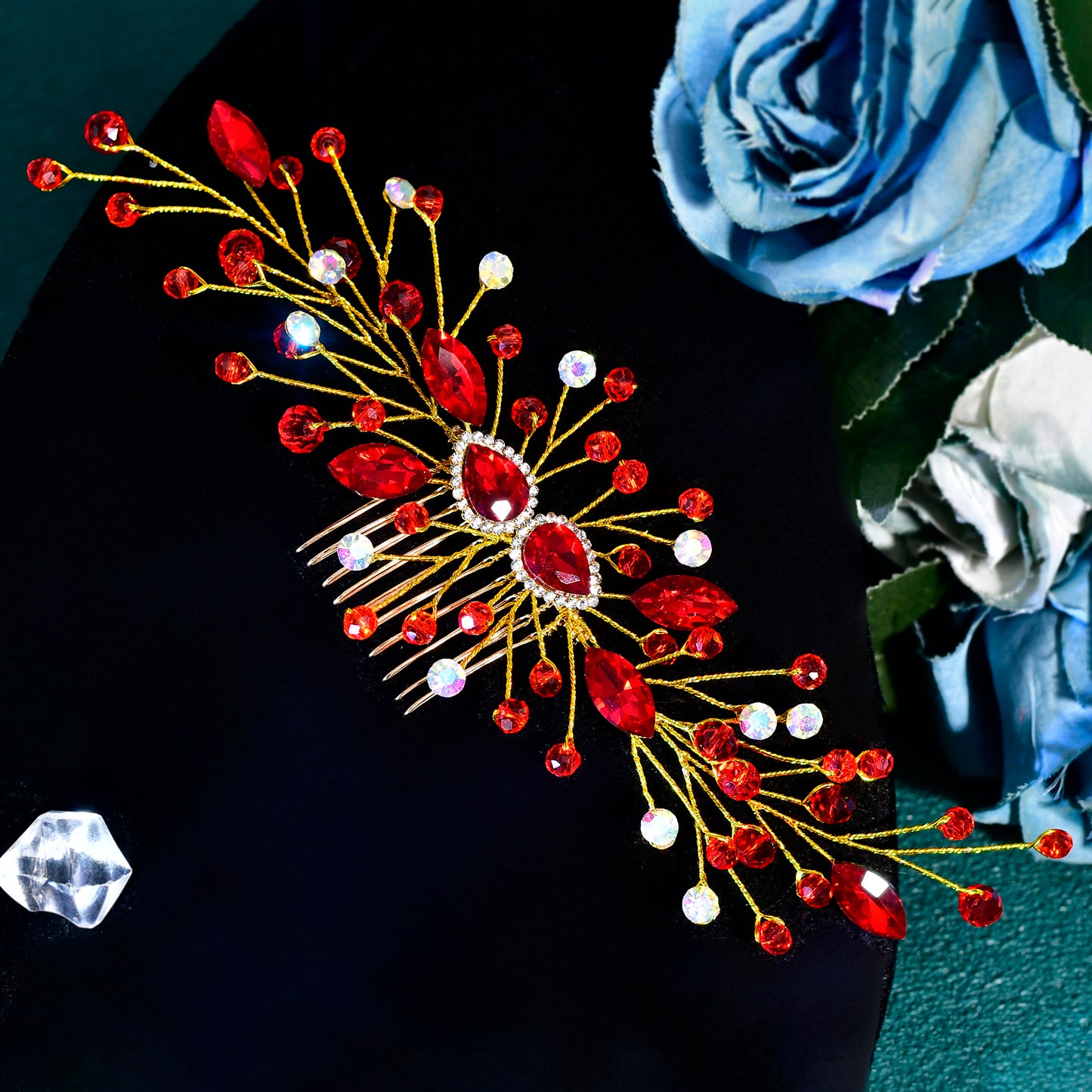 BRIDELLA BHP847 Wedding Rhinestone Hairstyles Headpiece Green Comb Crystal Headdress Bridal Hair Accessories Women Party Tiara Red