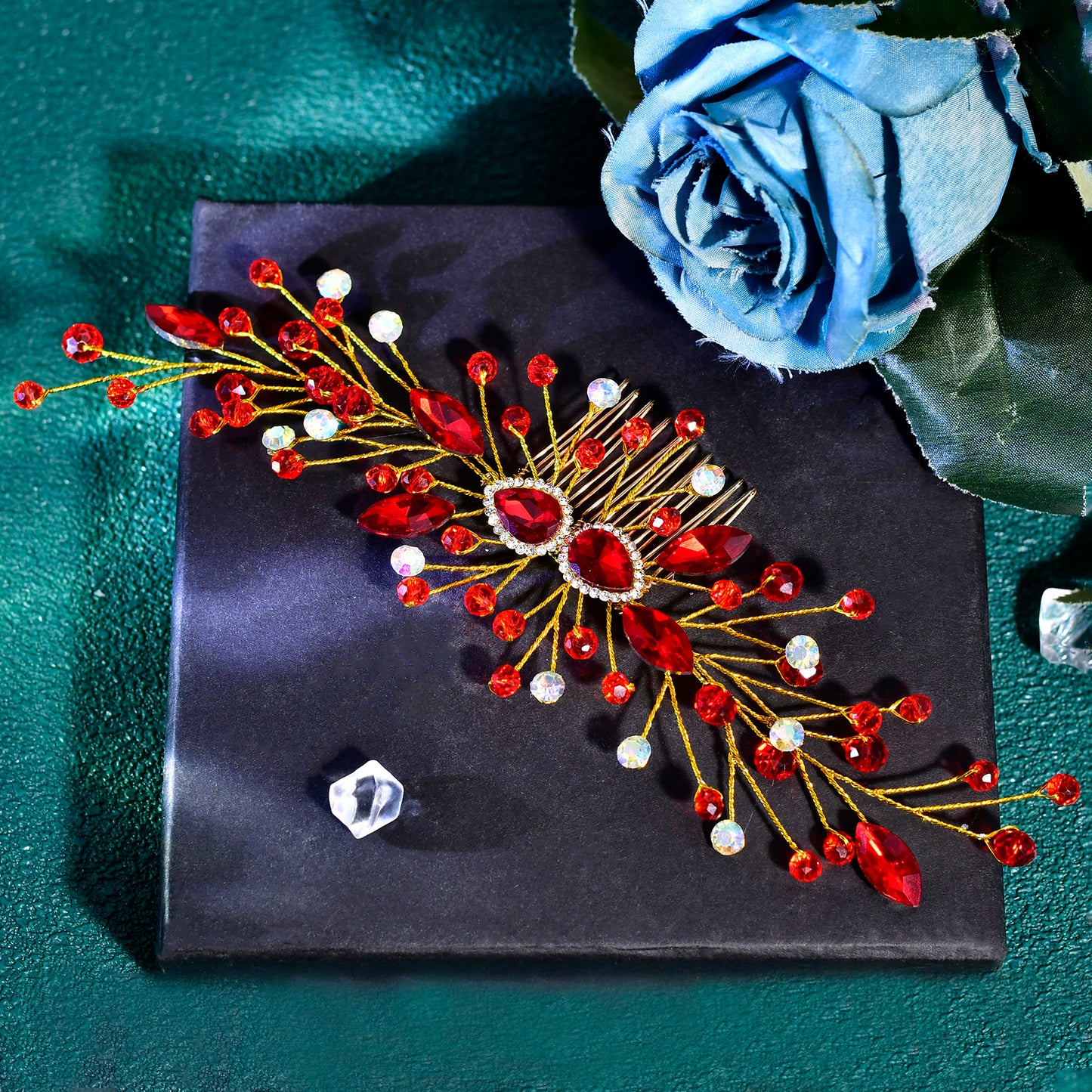 BRIDELLA BHP847 Wedding Rhinestone Hairstyles Headpiece Green Comb Crystal Headdress Bridal Hair Accessories Women Party Tiara Red