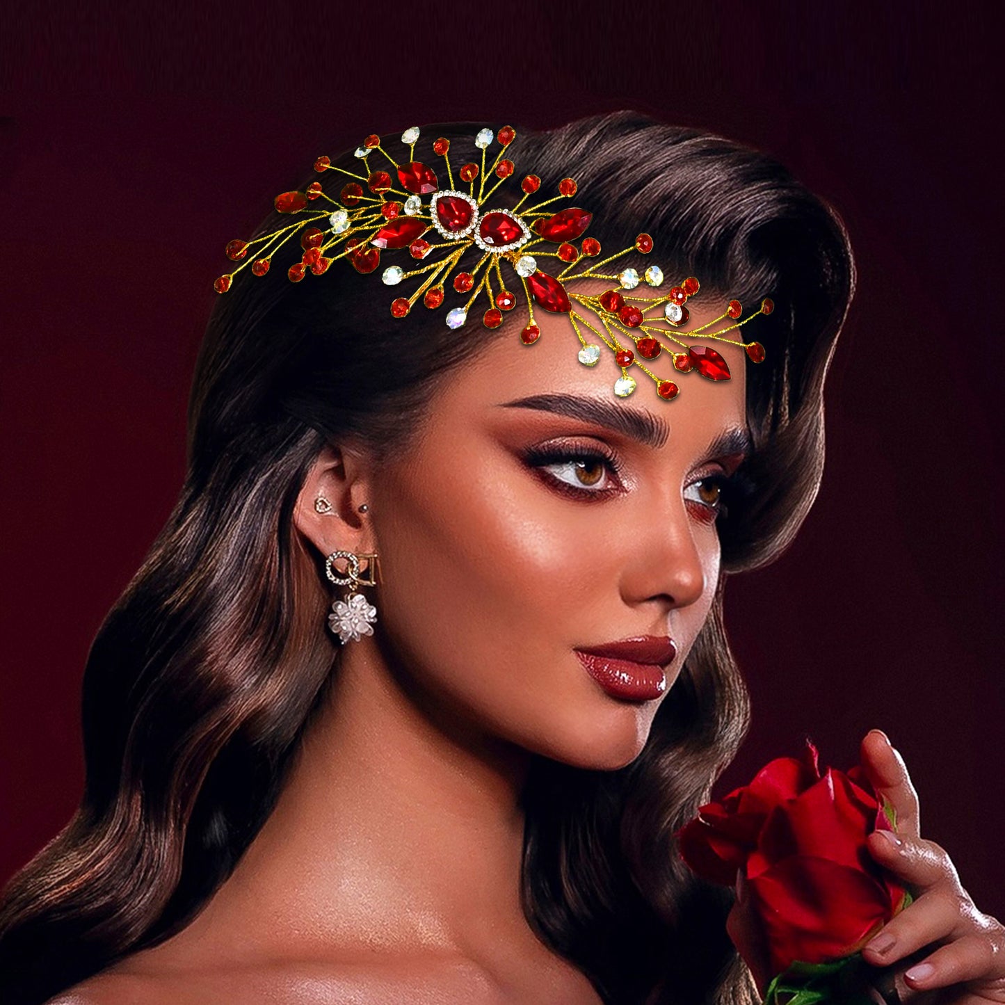 BRIDELLA BHP847 Wedding Rhinestone Hairstyles Headpiece Green Comb Crystal Headdress Bridal Hair Accessories Women Party Tiara Red