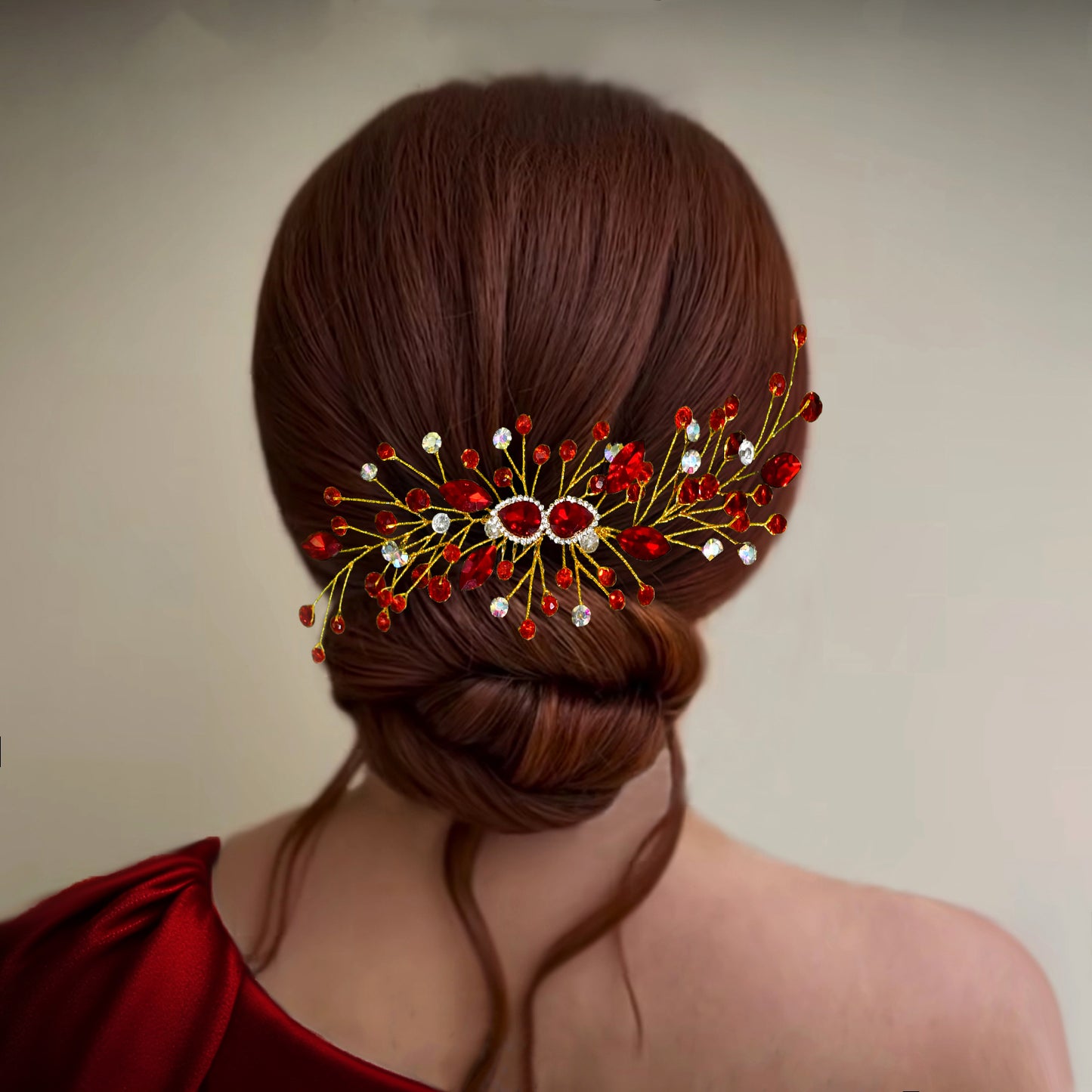 BRIDELLA BHP847 Wedding Rhinestone Hairstyles Headpiece Green Comb Crystal Headdress Bridal Hair Accessories Women Party Tiara Red