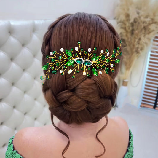BRIDELLA BHP847 Wedding Rhinestone Hairstyles Headpiece Green Comb Crystal Headdress Bridal Hair Accessories Women Party Tiara Red