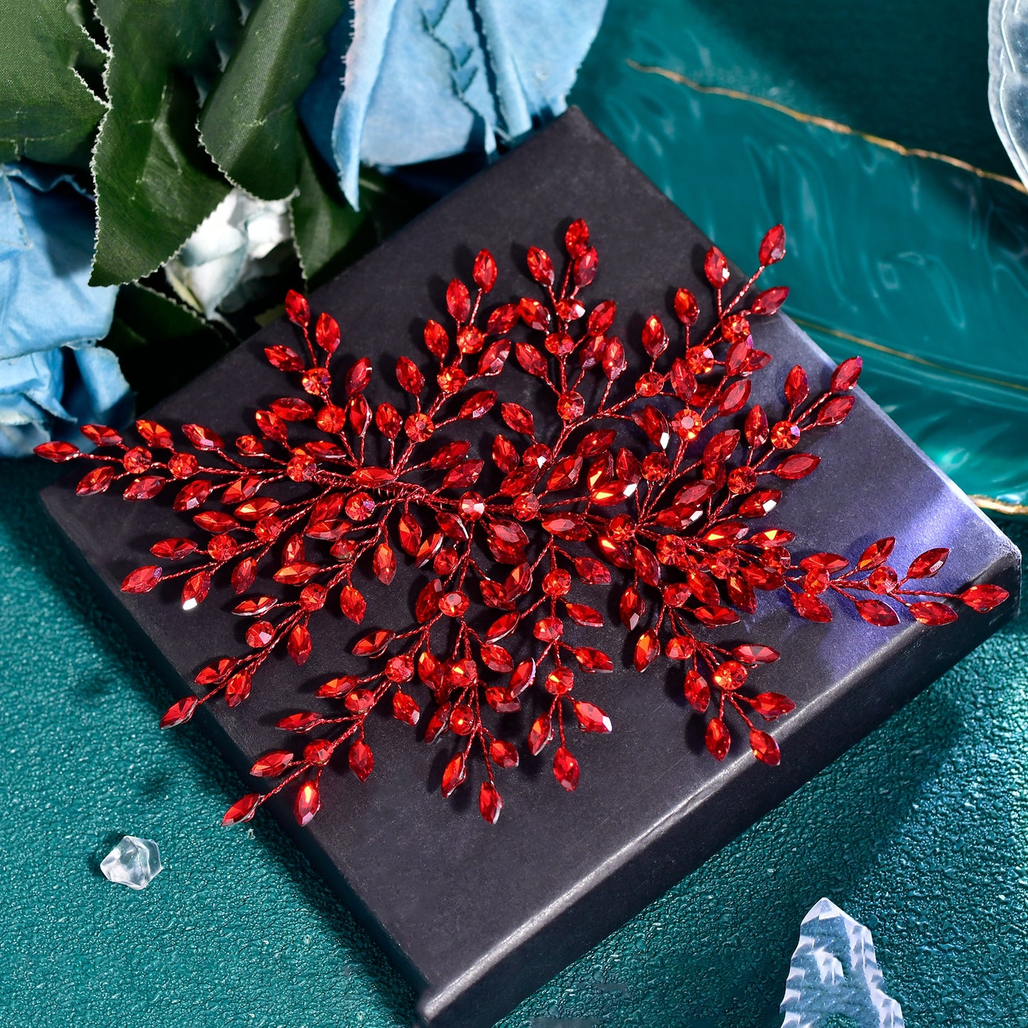 BRIDELLA BHP853 Red Trendy Rhinestone Bride Headband Green Wedding Tiara Shiny Women Hair Accessories Handmade Banquet Party Holiday Gifts Black