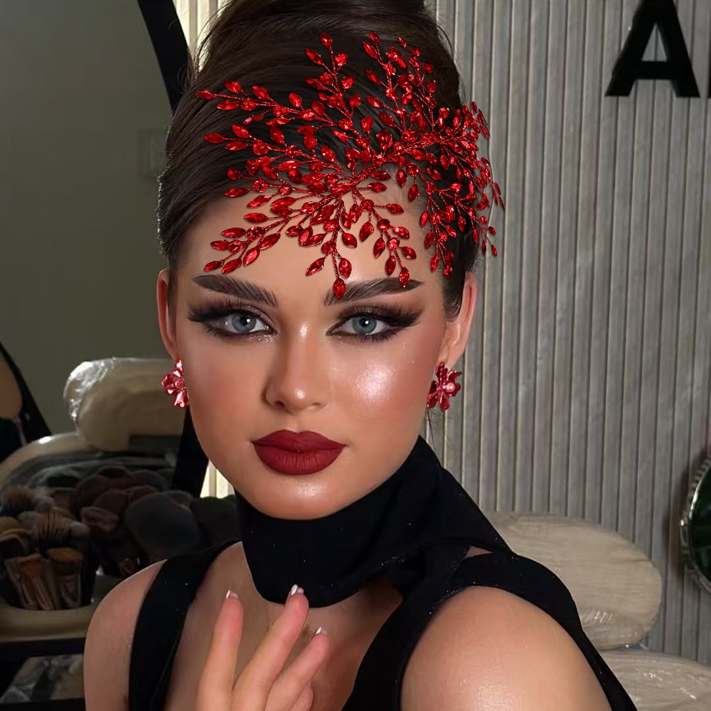BRIDELLA BHP853 Red Trendy Rhinestone Bride Headband Green Wedding Tiara Shiny Women Hair Accessories Handmade Banquet Party Holiday Gifts Black