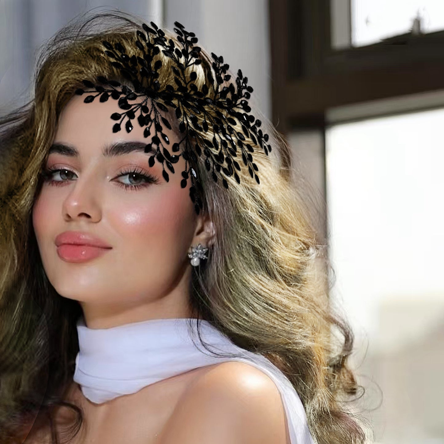 BRIDELLA BHP853 Red Trendy Rhinestone Bride Headband Green Wedding Tiara Shiny Women Hair Accessories Handmade Banquet Party Holiday Gifts Black