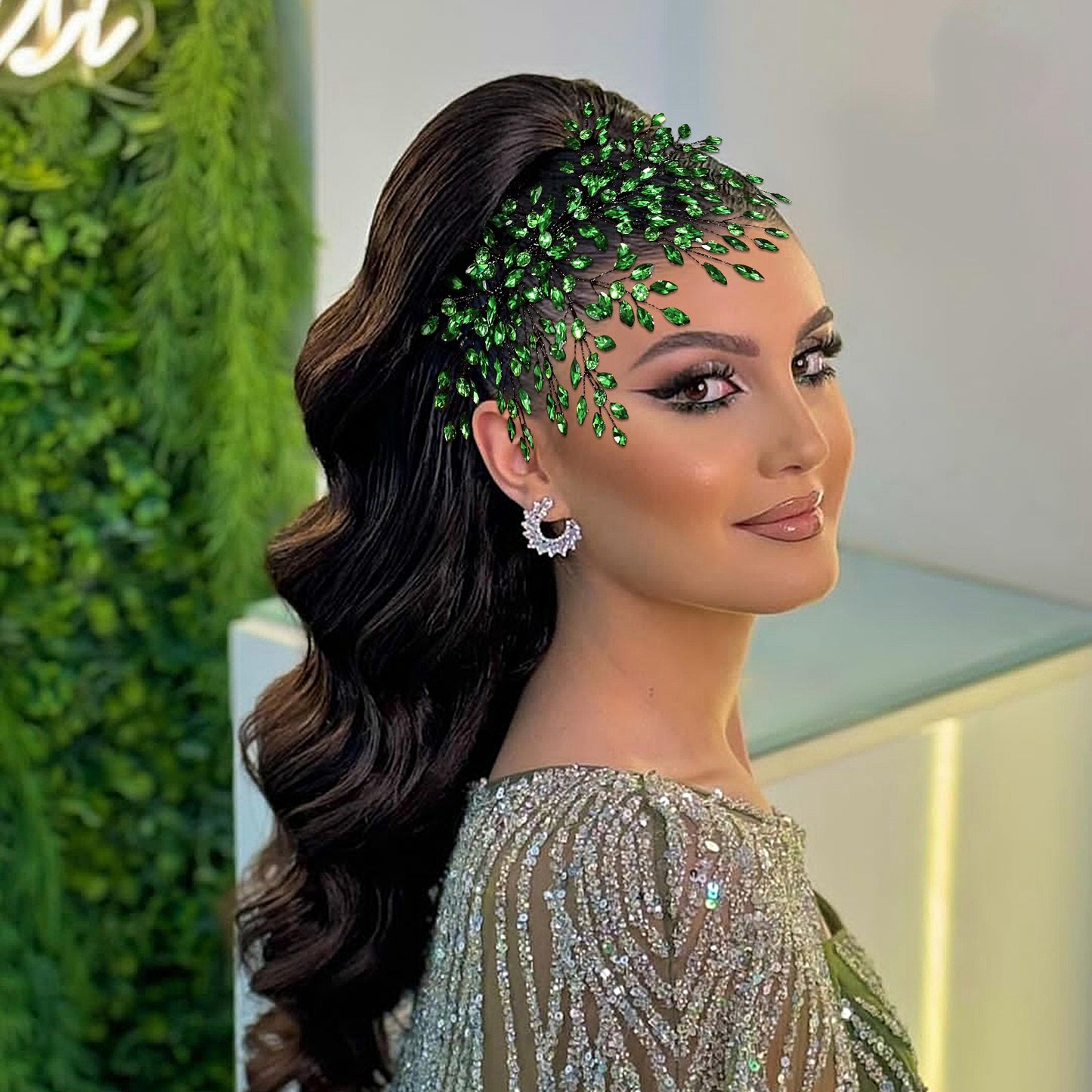 BRIDELLA BHP853 Red Trendy Rhinestone Bride Headband Green Wedding Tiara Shiny Women Hair Accessories Handmade Banquet Party Holiday Gifts Black