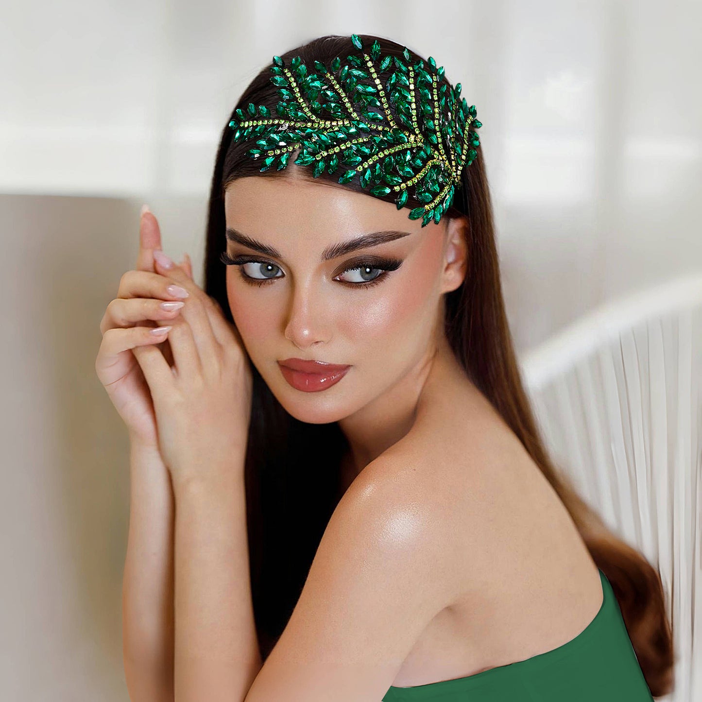 BRIDELLA BHP759 Red Trendy Rhinestone Bride Headband Green Wedding Tiara Shiny Wedding Hair Accessories Ladies Handmade Silvery Tiara Holiday Gifts