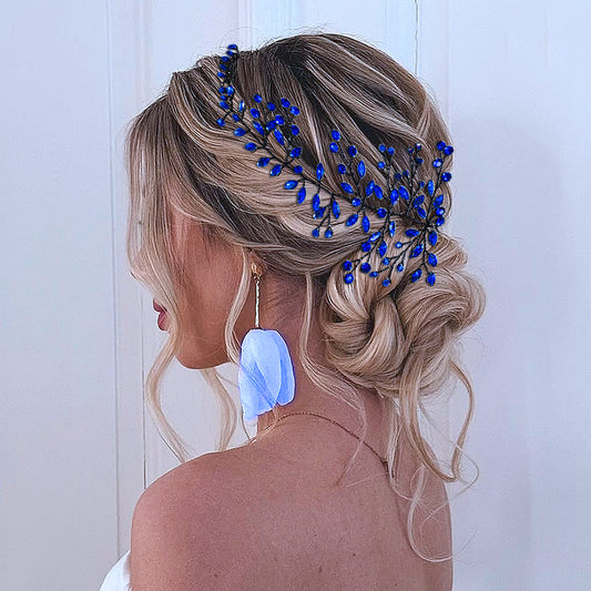 BRIDELLA BHP21 Blue Crystal Bride Hair Accessories Jewelry Decoration Bridal Head Piece Rhinestone Handmade Bridesmaid Hairpiece