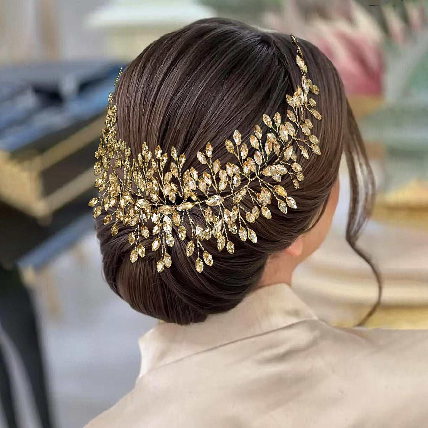 BRIDELLA BHP237 Handmade Crystal Rhinestones Silver Golden Wedding Headband Headpiece Jewel Headband Wedding Hair Jewelry Champagne