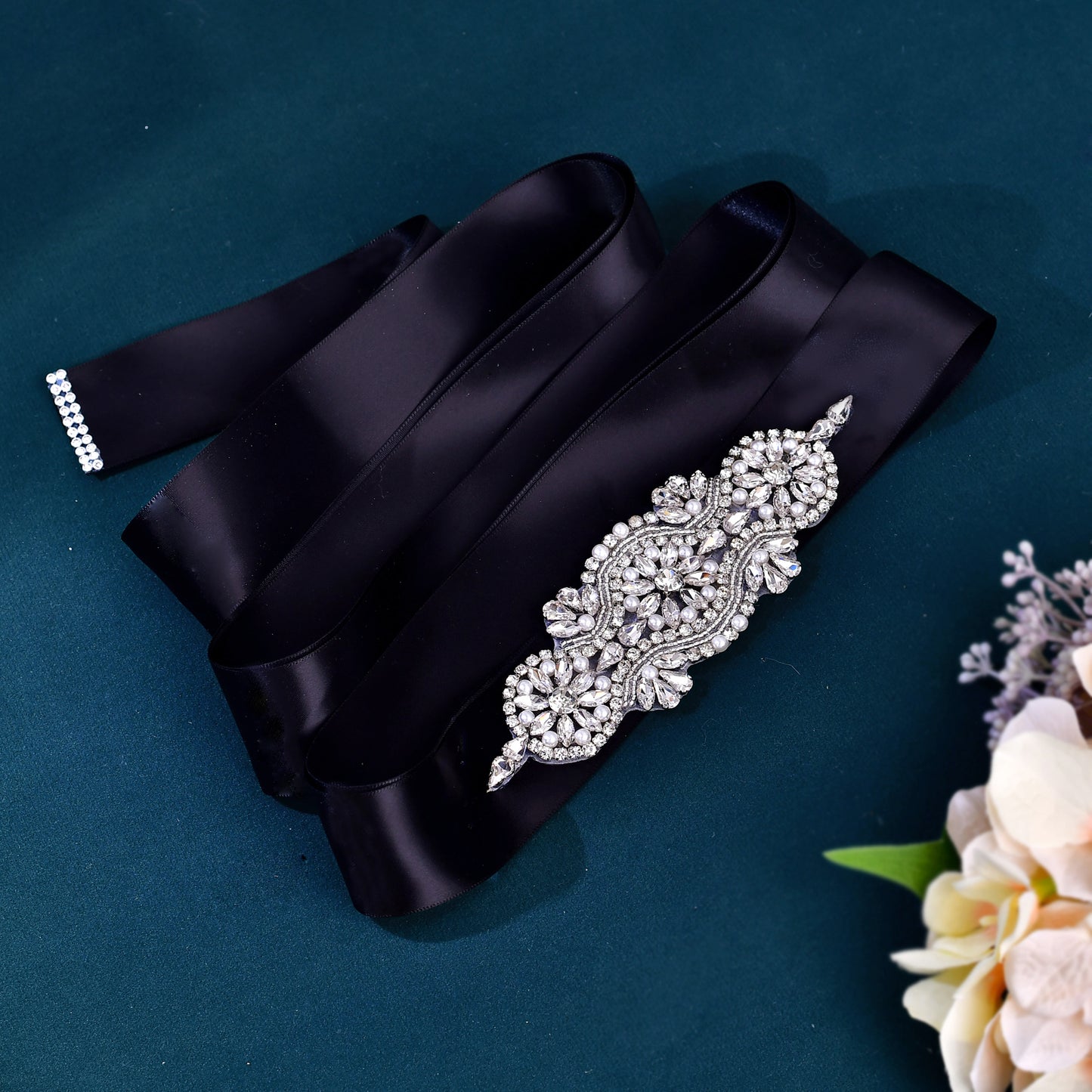 BRIDELLA BS05 Ladies Belt With Mysterious Black Satin Extended Strap Inlaid With Silver Rhinestones