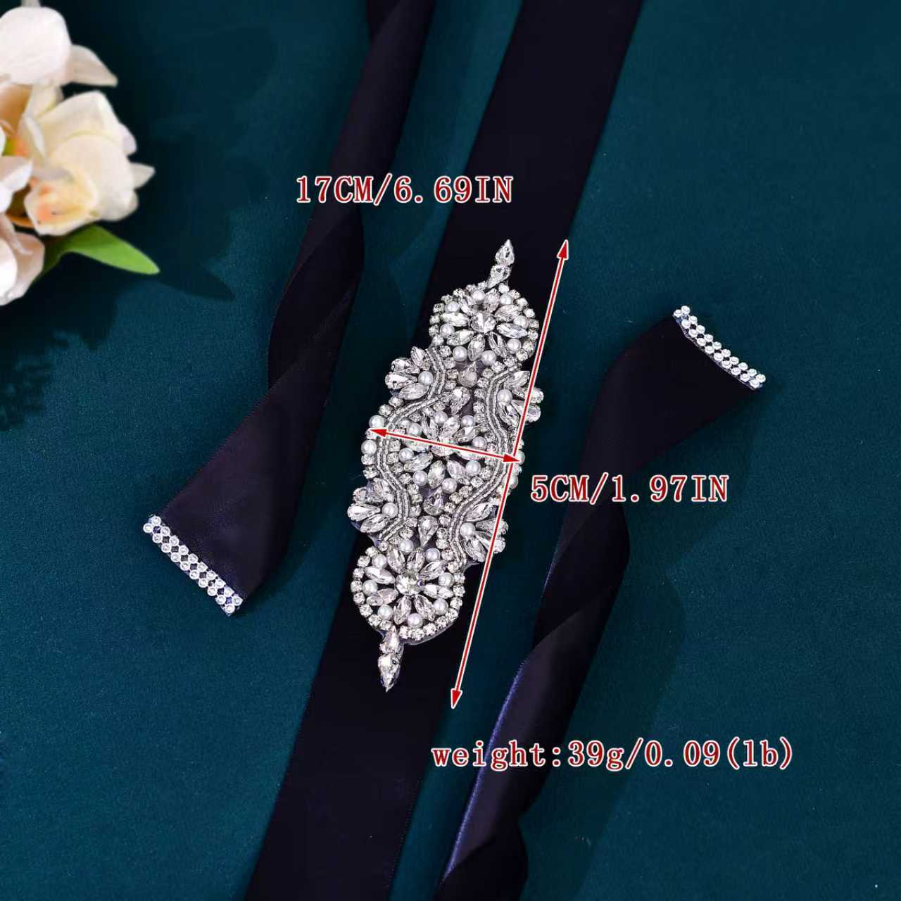 BRIDELLA BS05 Ladies Belt With Mysterious Black Satin Extended Strap Inlaid With Silver Rhinestones