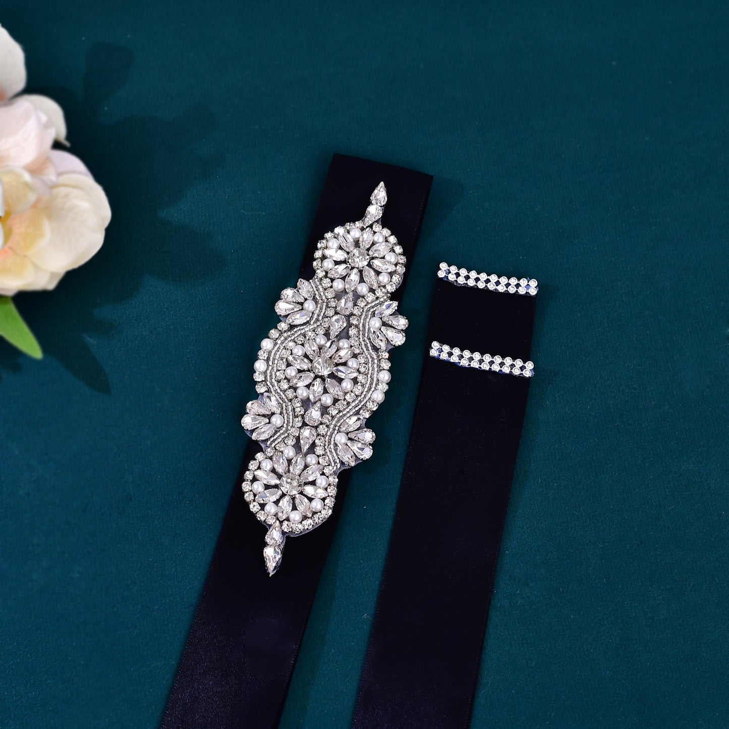 BRIDELLA BS05 Ladies Belt With Mysterious Black Satin Extended Strap Inlaid With Silver Rhinestones