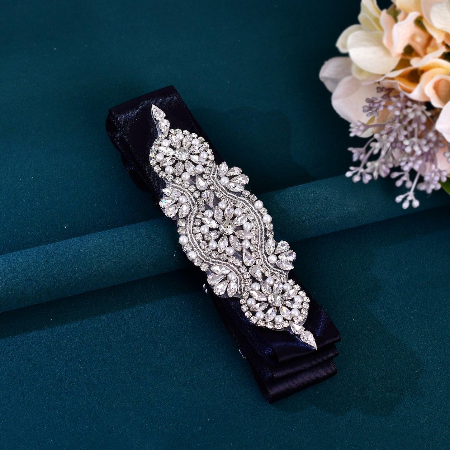 BRIDELLA BS05 Ladies Belt With Mysterious Black Satin Extended Strap Inlaid With Silver Rhinestones