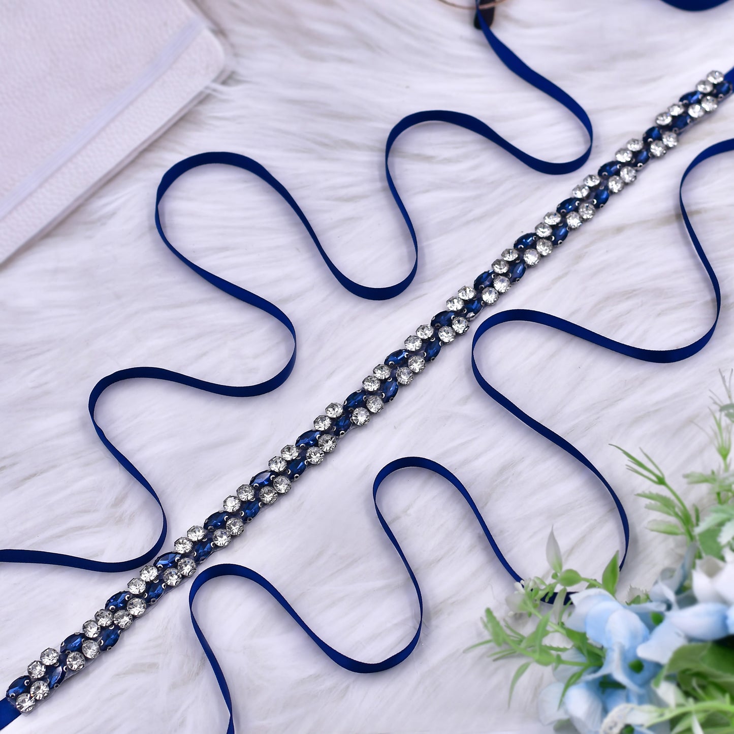 BRIDELLA BS07ML Ink Blue Diamond Belt Wedding Accessories