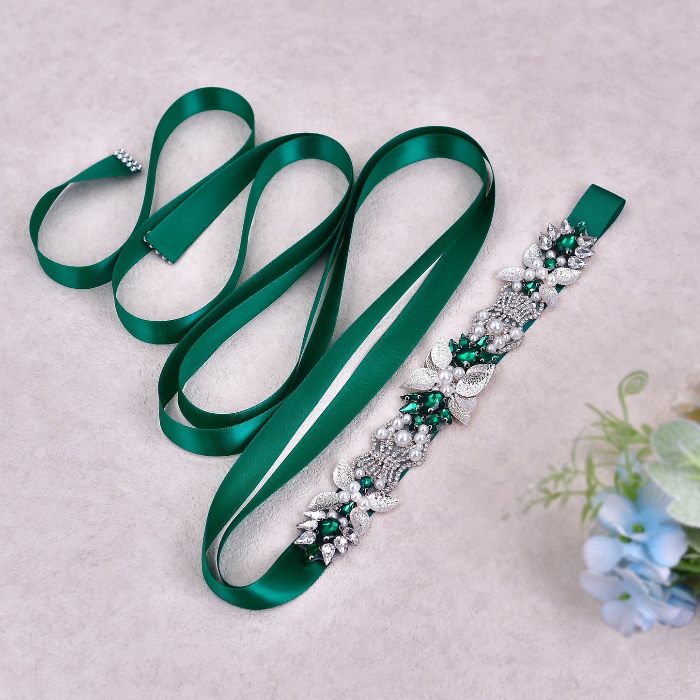 BRIDELLA BS65KL Green Strap Belt Three-Dimensional Alloy Flower Emerald Inlaid Diamond Belt Preferred Party Gif