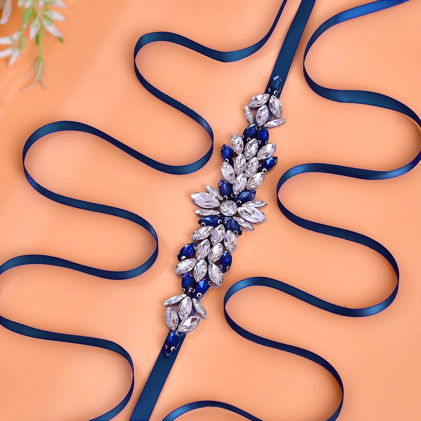 BRIDELLA BS227ML Elegant Womens Satin Belt Ink Blue Diamond High-End Dress Accessories