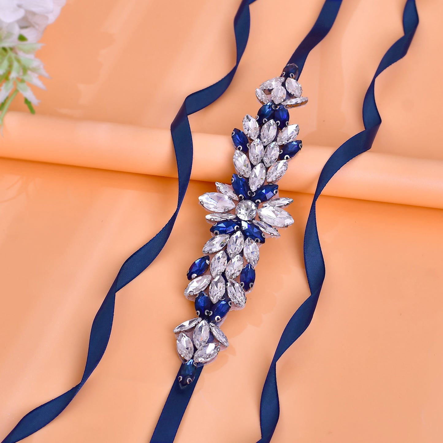 BRIDELLA BS227ML Elegant Womens Satin Belt Ink Blue Diamond High-End Dress Accessories