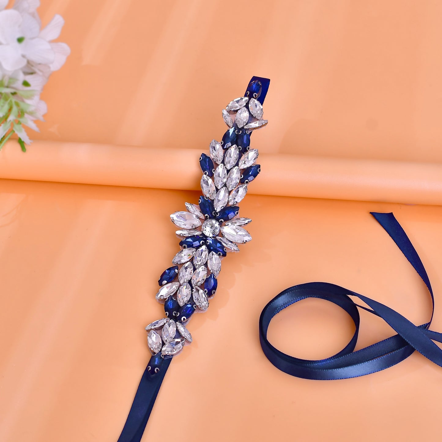 BRIDELLA BS227ML Elegant Womens Satin Belt Ink Blue Diamond High-End Dress Accessories
