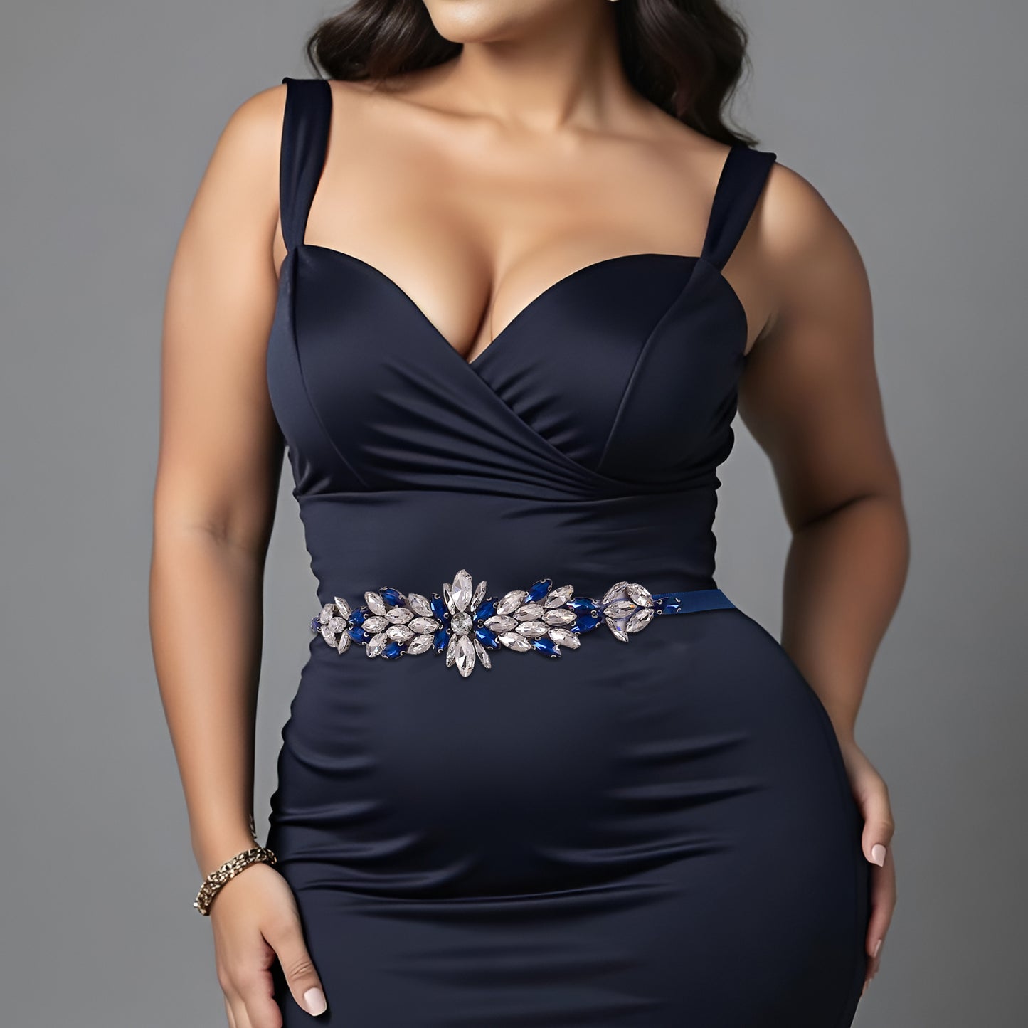 BRIDELLA BS227ML Elegant Womens Satin Belt Ink Blue Diamond High-End Dress Accessories