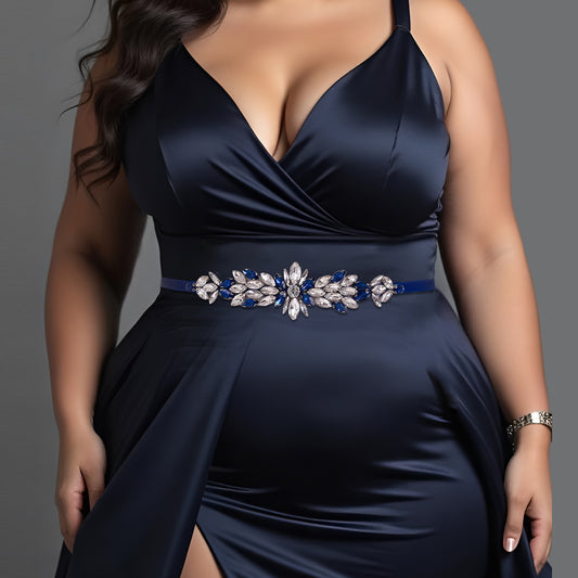 BRIDELLA BS227ML Elegant Womens Satin Belt Ink Blue Diamond High-End Dress Accessories