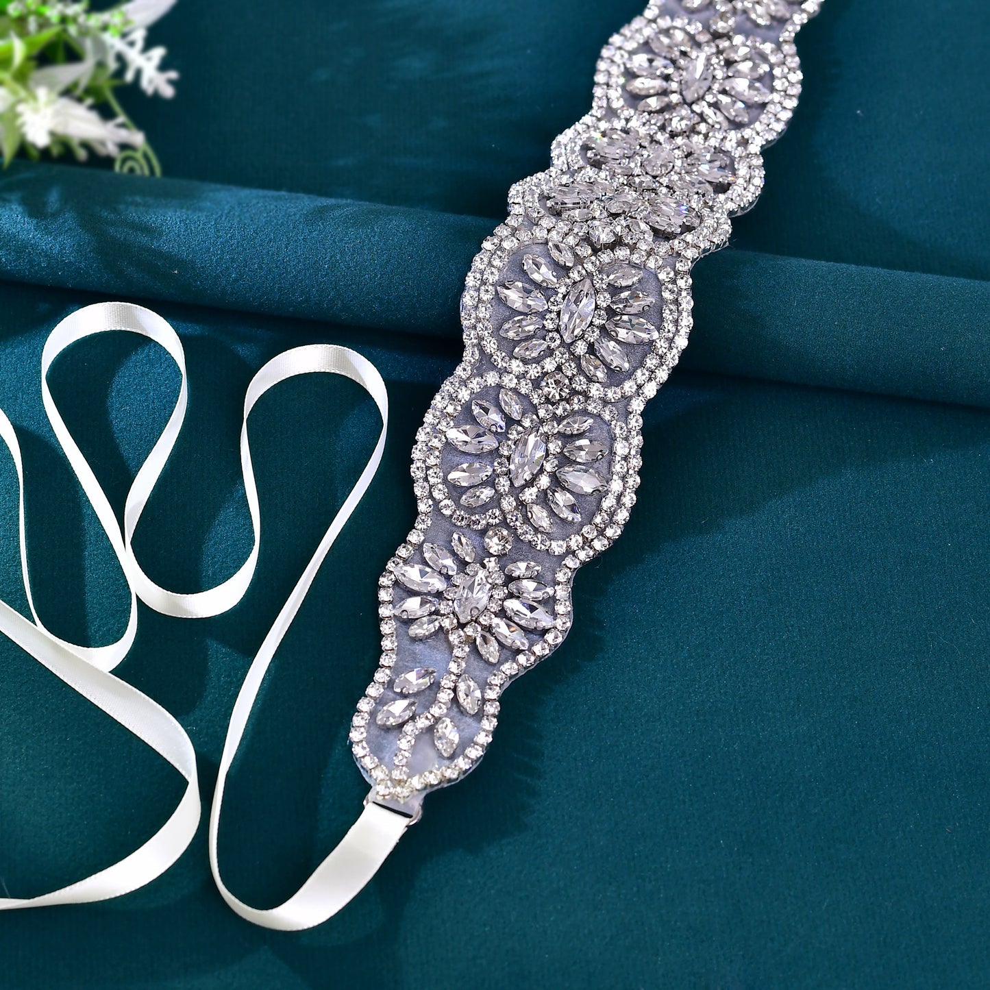 BRIDELLA BS239 Luxurious Full Diamond Silver Forged Strap Design Dress Belt In Beige Color