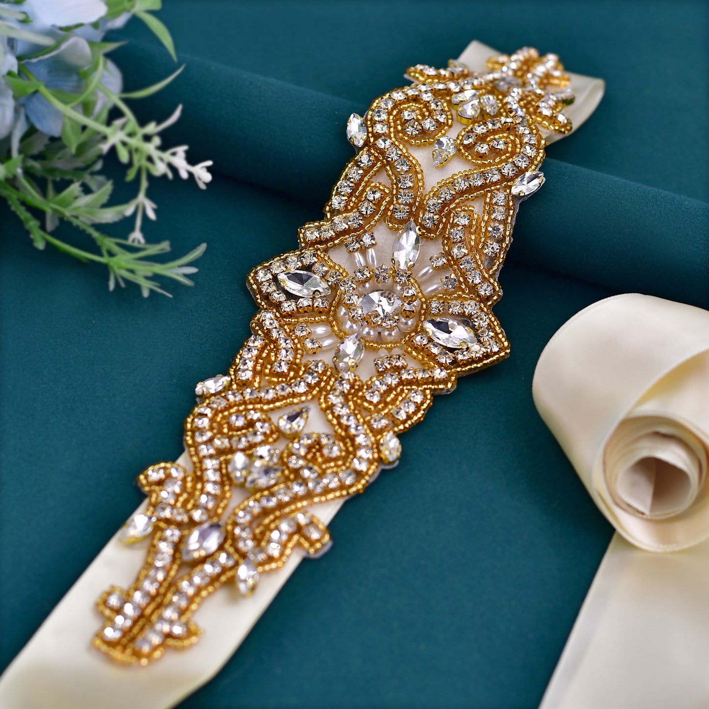 BRIDELLA BS26G Retro American Style Decorative Waistband With Gold Rhinestones And Widened Straps