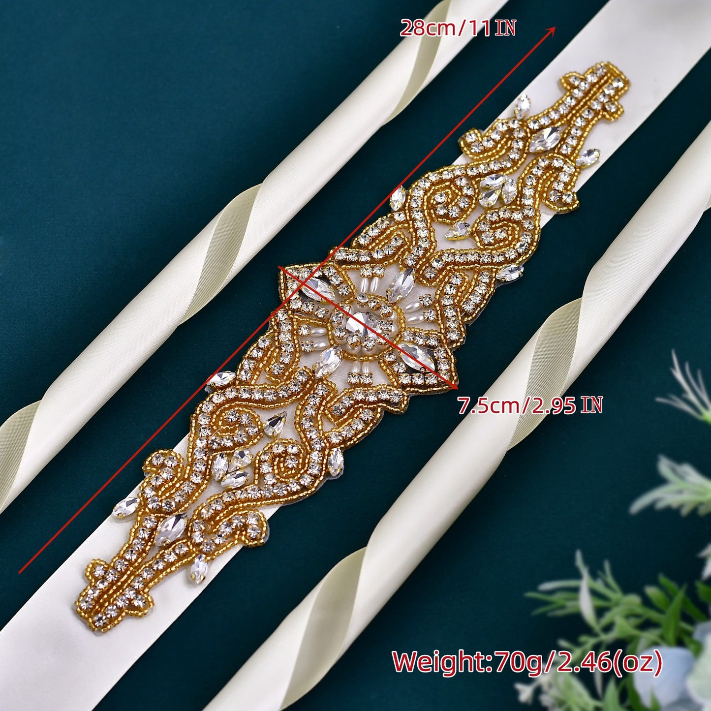 BRIDELLA BS26G Retro American Style Decorative Waistband With Gold Rhinestones And Widened Straps