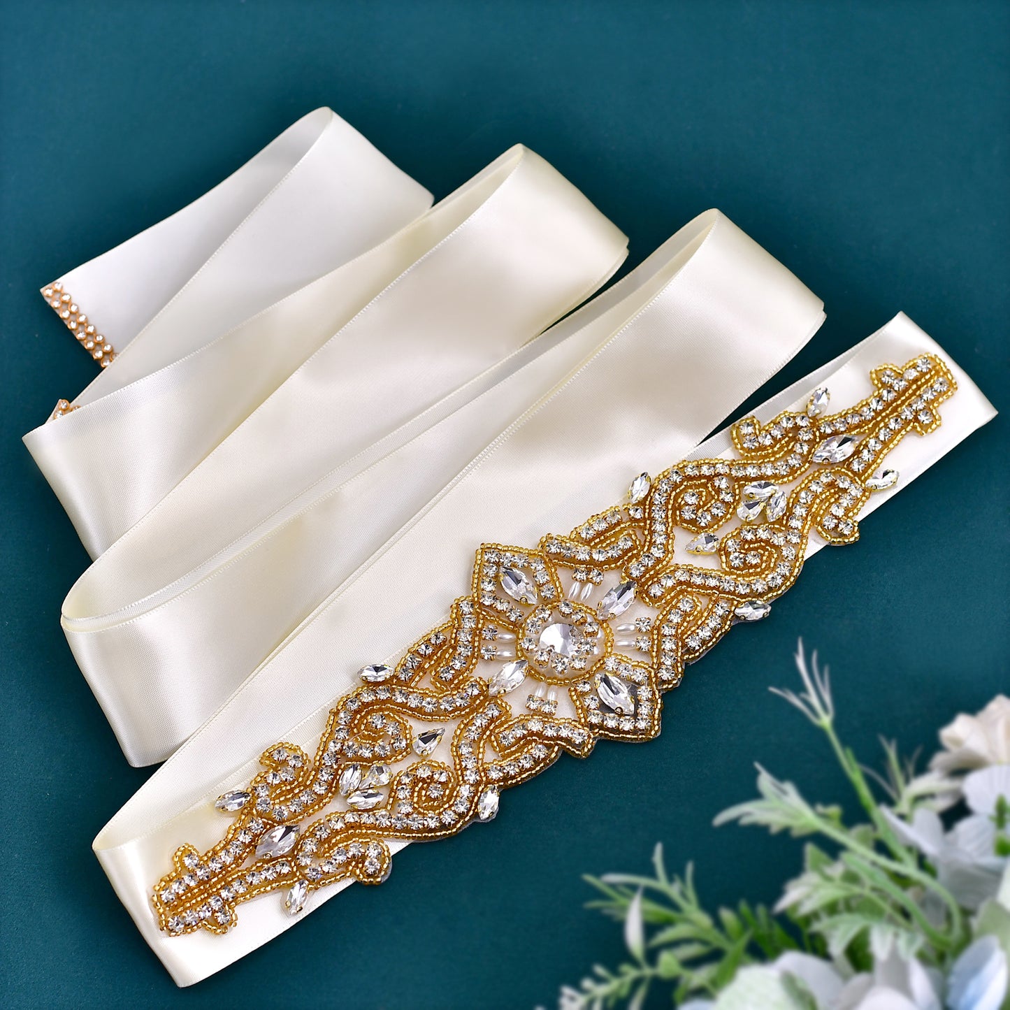 BRIDELLA BS26G Retro American Style Decorative Waistband With Gold Rhinestones And Widened Straps