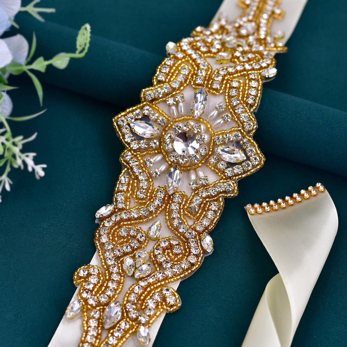 BRIDELLA BS26G Retro American Style Decorative Waistband With Gold Rhinestones And Widened Straps
