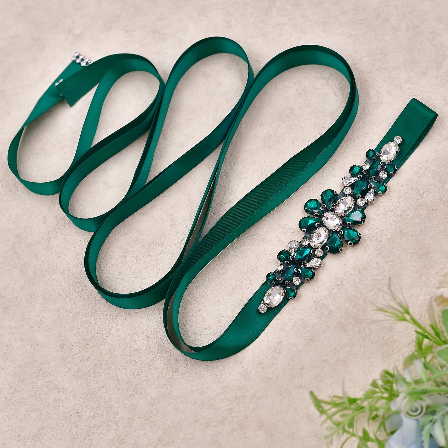 BRIDELLA BS45KL Christmas Style Waist Decoration With Dark Green Rhinestone Flower Strap Belt