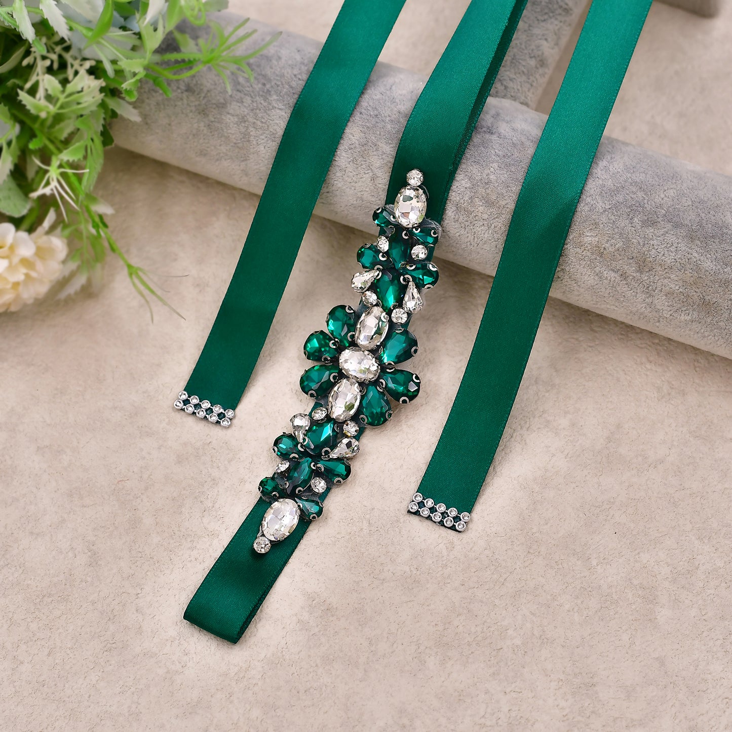 BRIDELLA BS45KL Christmas Style Waist Decoration With Dark Green Rhinestone Flower Strap Belt