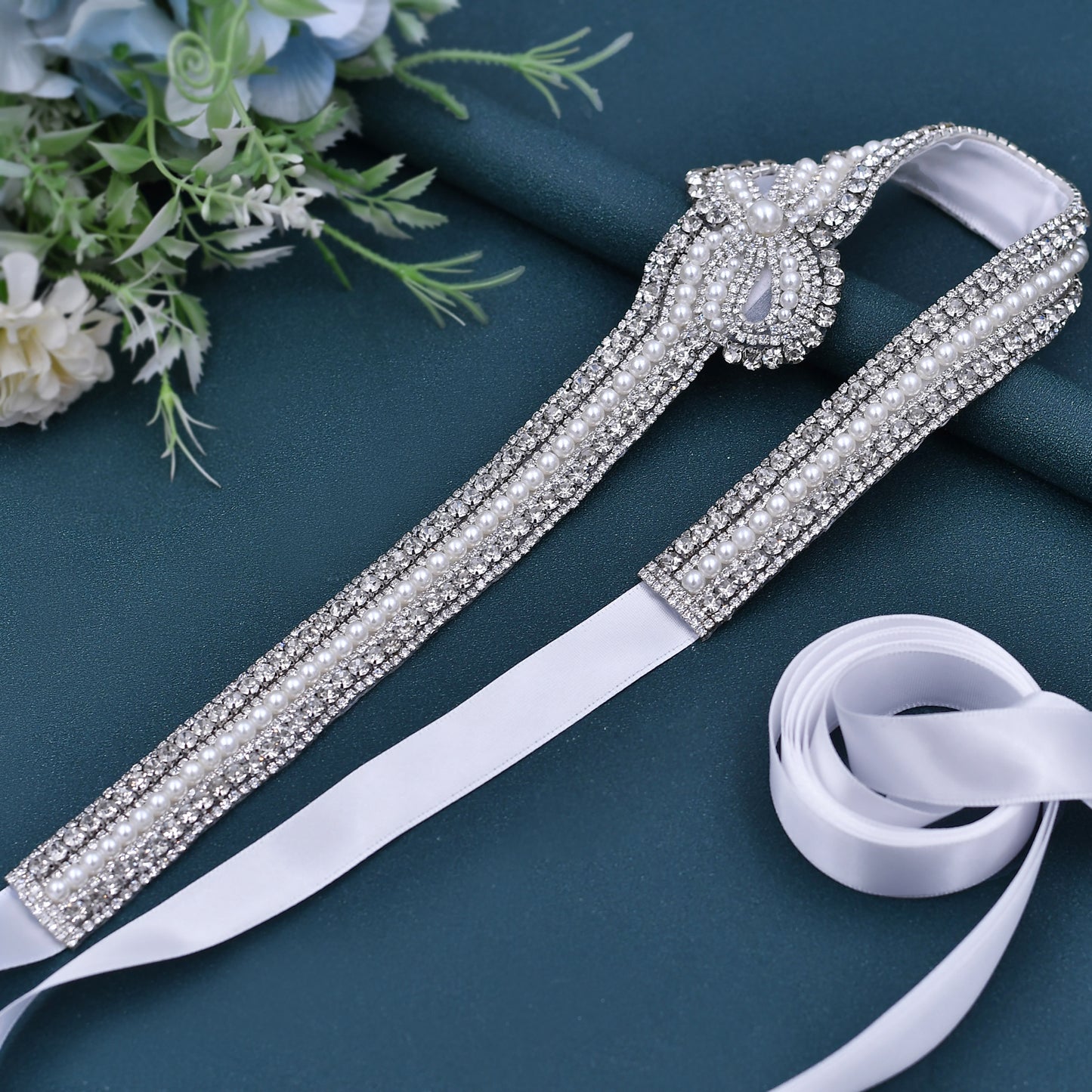 BRIDELLA BS54 Gorgeous Evening Gown With Silver Rhinestone Waist Encrypted Bow Pearl Belt