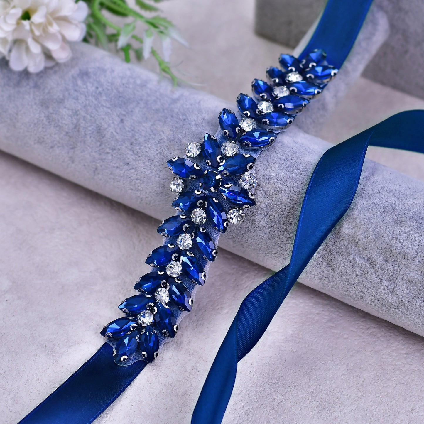 BRIDELLA BS69ML The Dark Blue Rhinestone Banquet Satin Belt Is Perfect For Night Dating Occasions