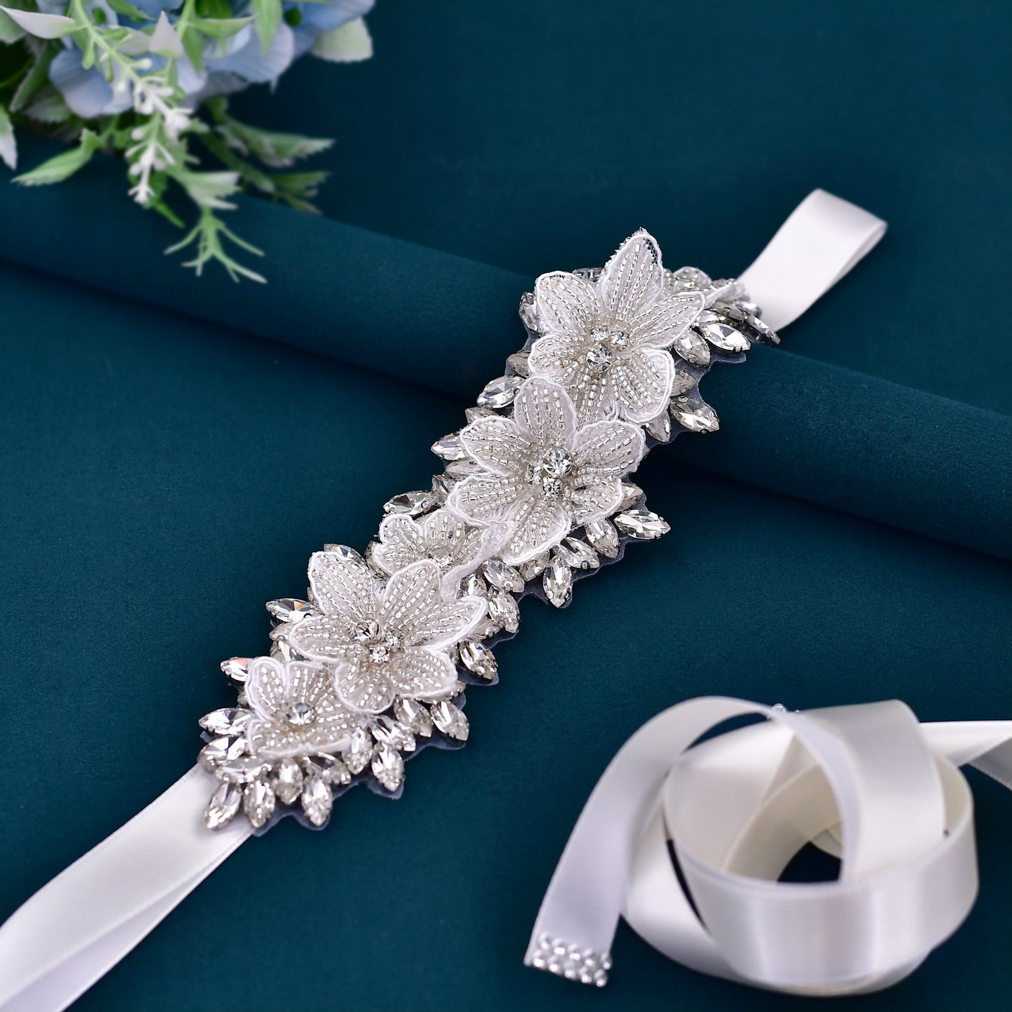 BRIDELLA BS63 3D Flower Embellished Satin Dress Belt Suitable For Weddings And Valentines Day
