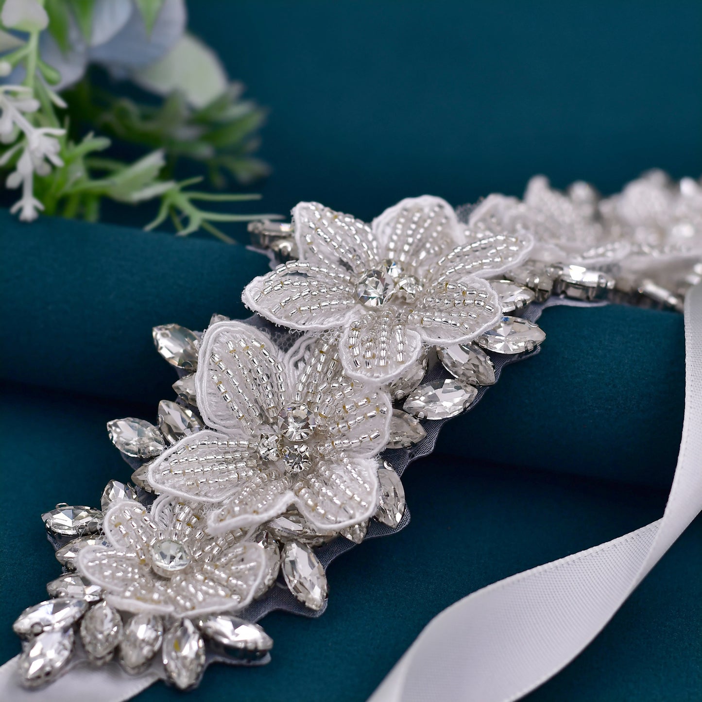 BRIDELLA BS63 3D Flower Embellished Satin Dress Belt Suitable For Weddings And Valentines Day