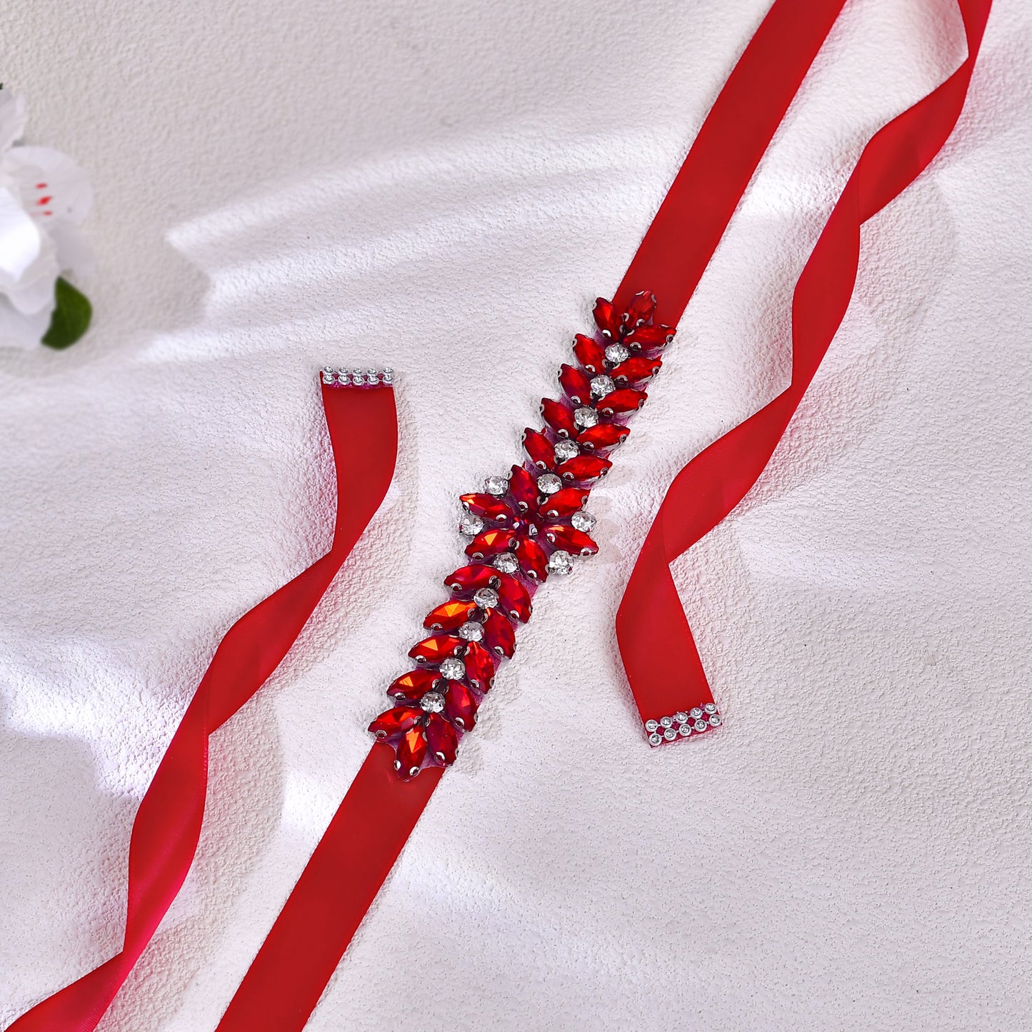 BRIDELLA BS69R Wine Red Satin Belt With Rhinestone Finish As A Romantic Accessory
