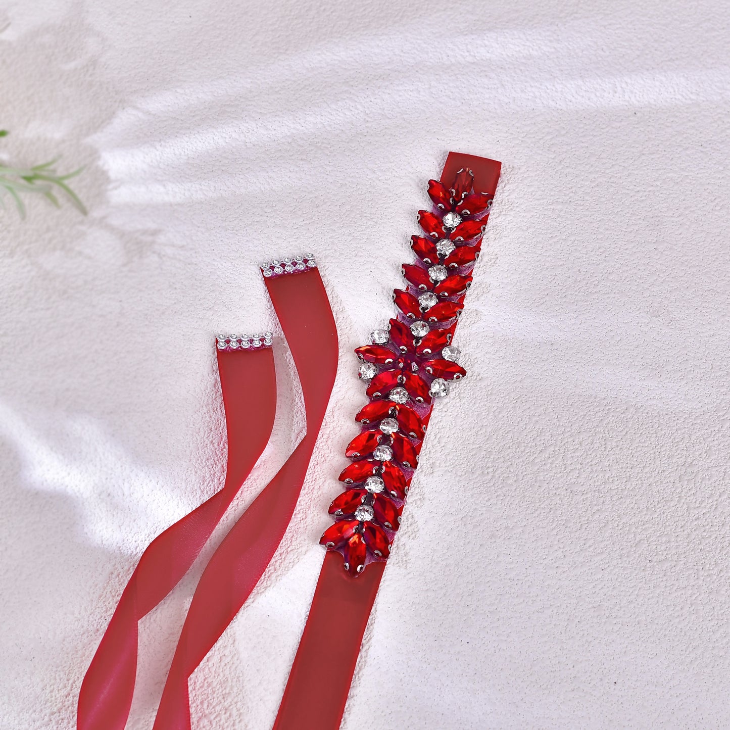 BRIDELLA BS69R Wine Red Satin Belt With Rhinestone Finish As A Romantic Accessory