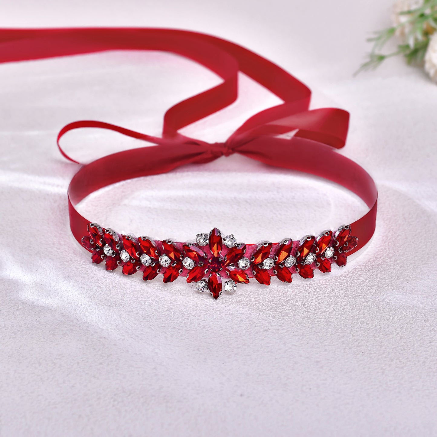 BRIDELLA BS69R Wine Red Satin Belt With Rhinestone Finish As A Romantic Accessory