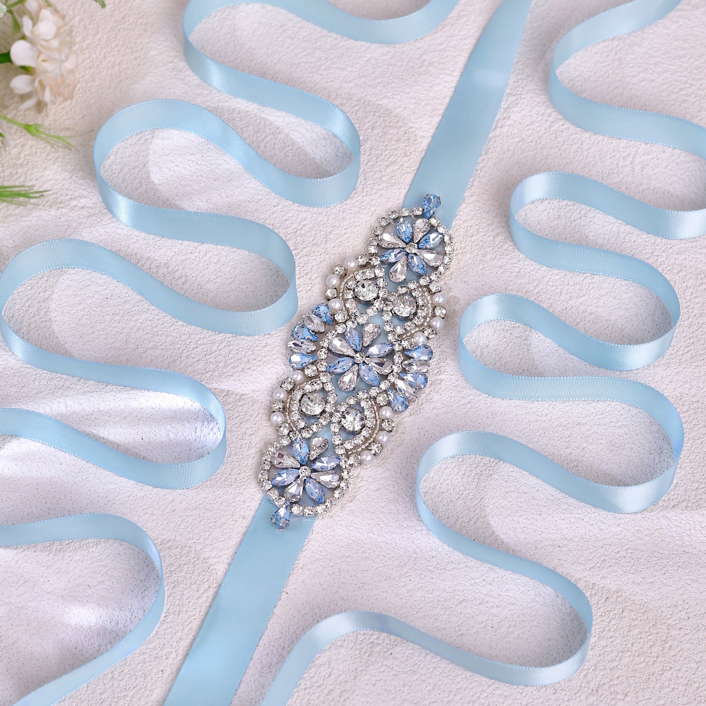 BRIDELLA BS76QL Candy Colored Romantic Light Blue Rhinestone Satin Belt Exquisite Handmade Waist Accessory