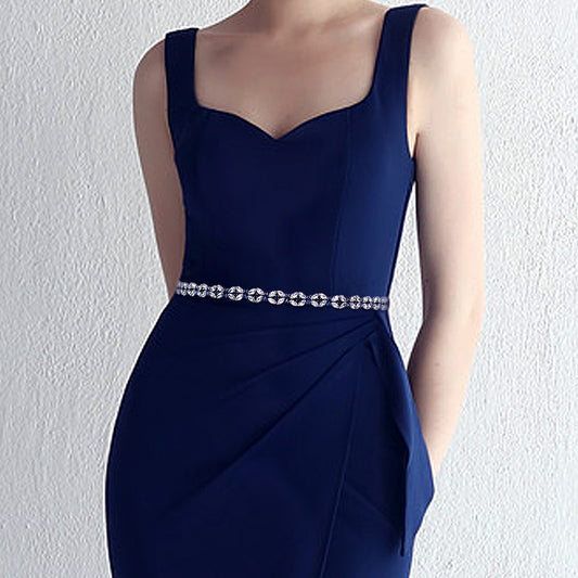 BRIDELLA BS111ML Extended Full Diamond Waist Seal Deep Blue Dress Thin Waist Chain Strap Belt