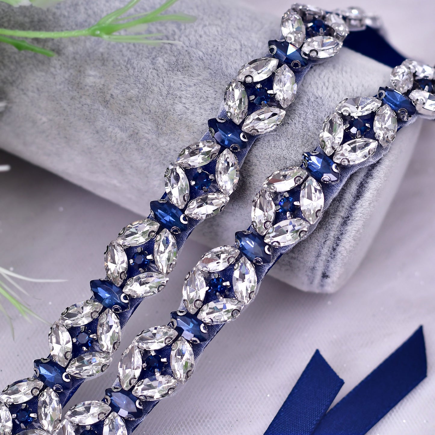 BRIDELLA BS111ML Extended Full Diamond Waist Seal Deep Blue Dress Thin Waist Chain Strap Belt