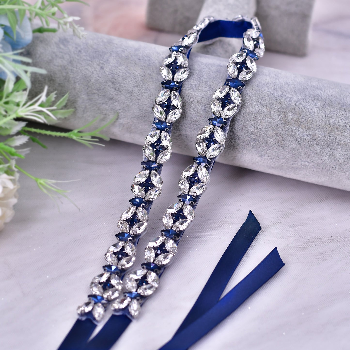BRIDELLA BS111ML Extended Full Diamond Waist Seal Deep Blue Dress Thin Waist Chain Strap Belt